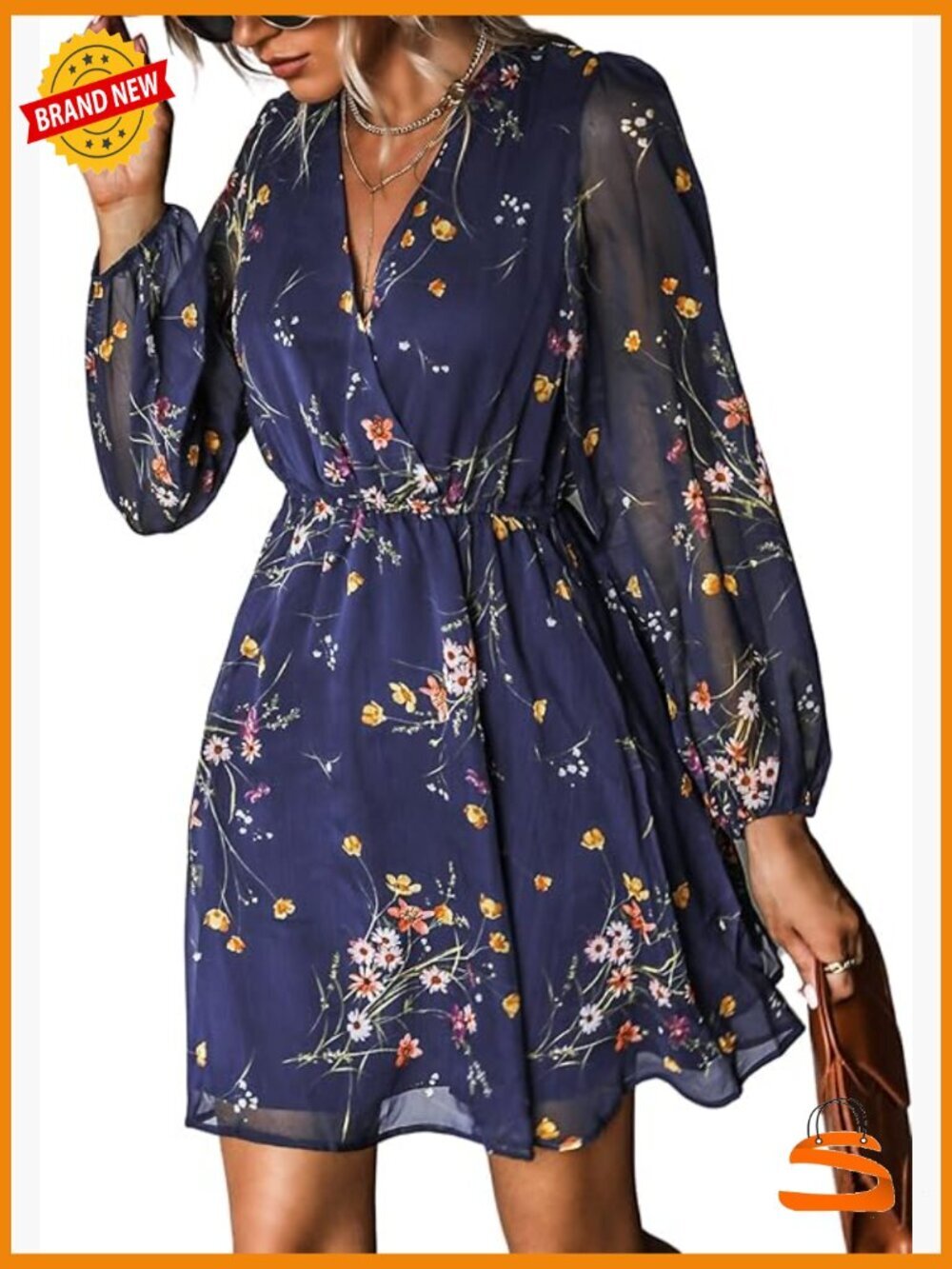 V-Neck Chiffon Mini Dress with Long Sleeves Spring Flowy A-Line